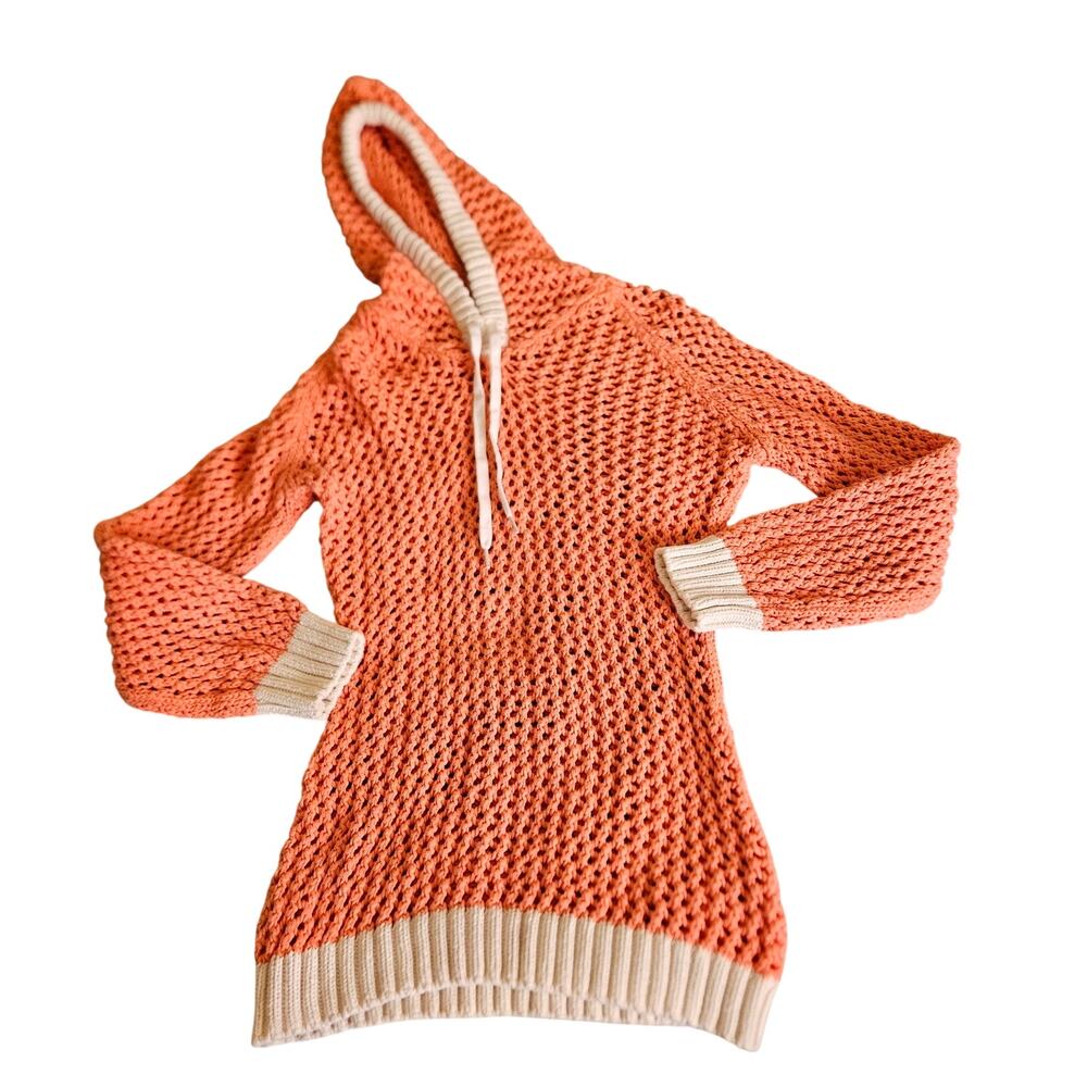 VENUS Coral Hoodie Womens Large 100% Cotton Crochet Pullover Sweater
